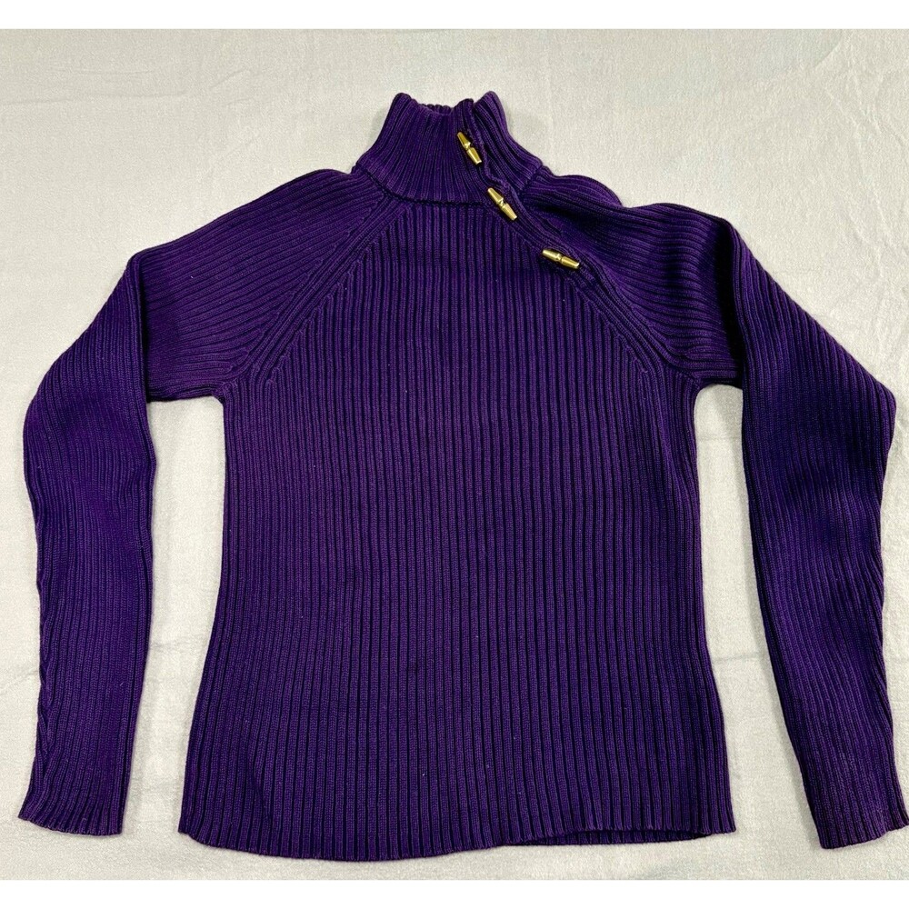 Lauren Ralph Lauren Sweater Womans Petite Small Purple Ribbed Mock Neck Toggle